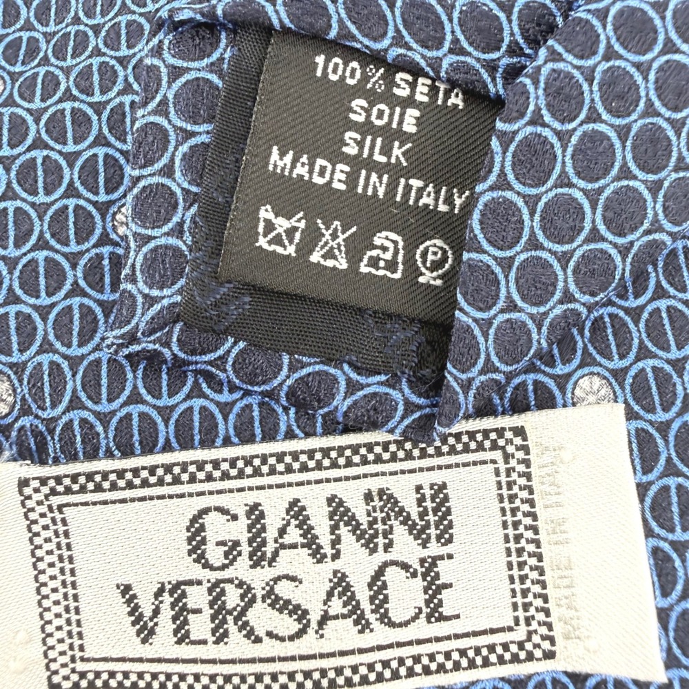 Gianni Versace Silk Necktie Mens Blue Geometric Medusa Logo Made in Italy